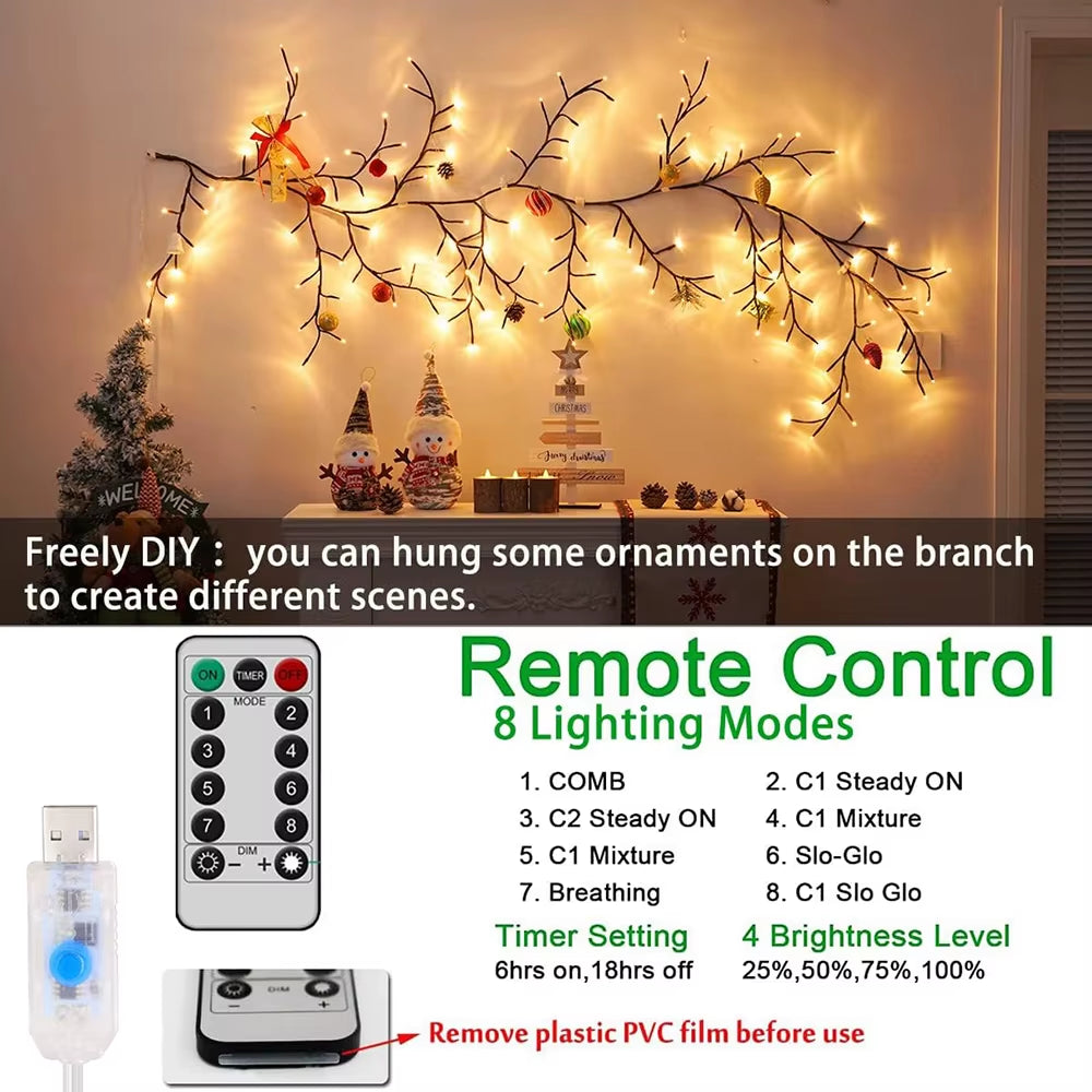 96LED Tree Branch Bedroom Wall Decoration│Willow Vine Tree Light Strip│8 Lighting Modes│Atmosphere Light Home Lighting