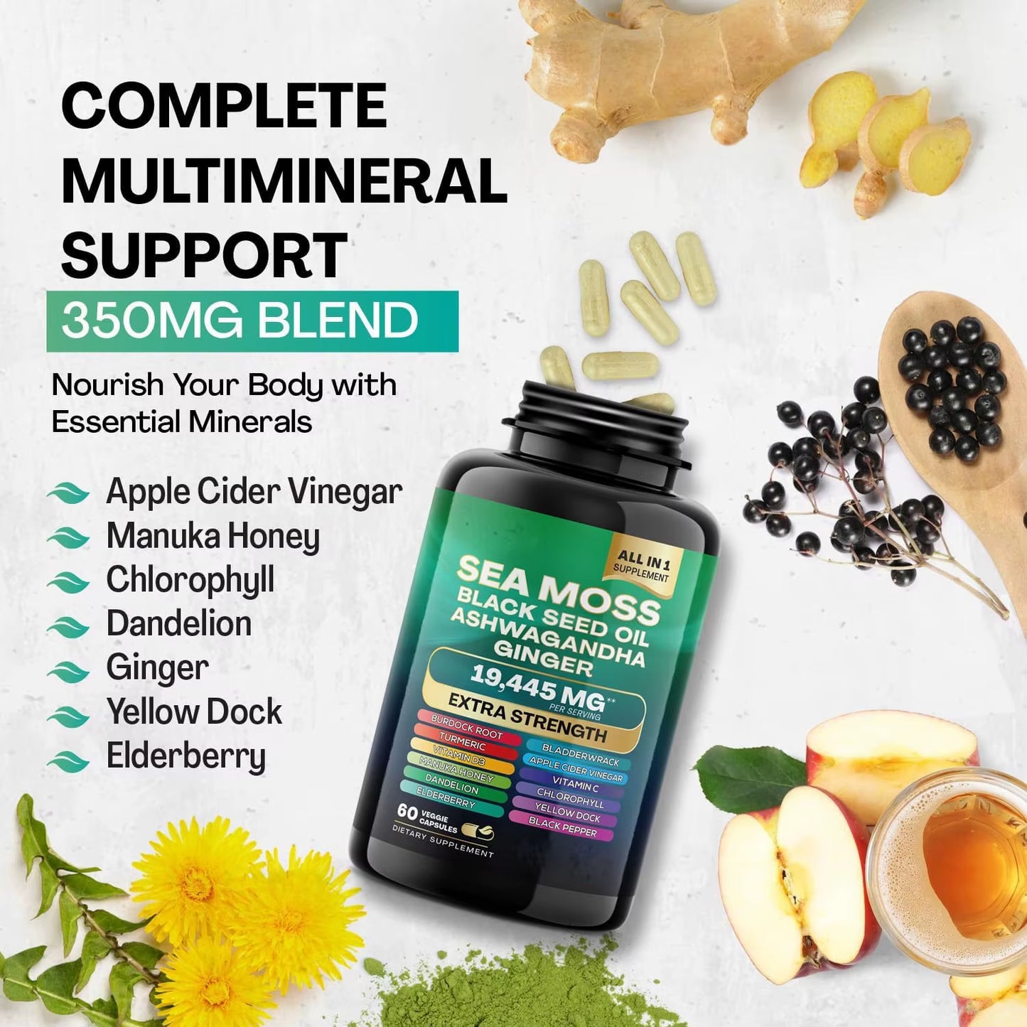 Organic SHILAJIT Ashwagandha Capsules┃8 in 1 Sea Moss Capsule with Black Seed Oil.