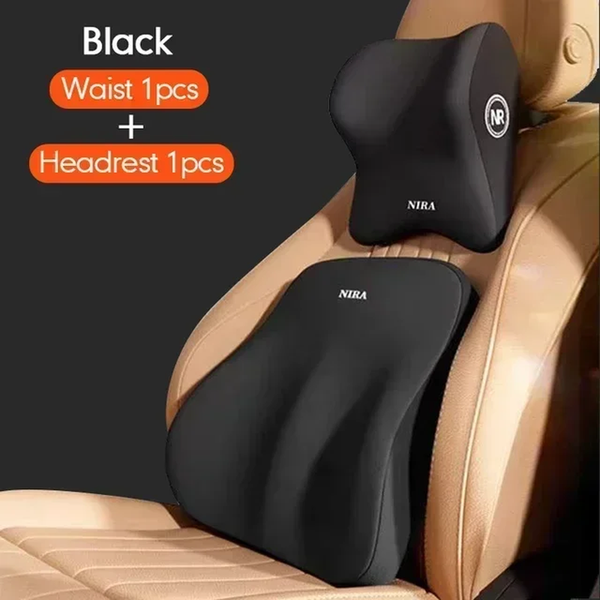 DriveComfort™ Universal Memory Foam Car Headrest & Lumbar Support Pillow – Back Pain Relief Cushion