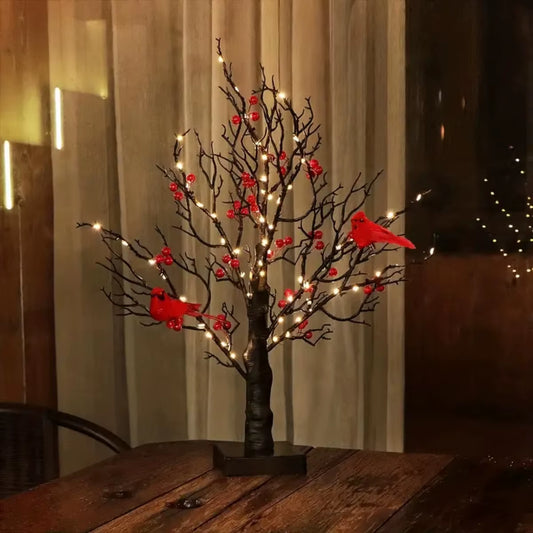 LED Black Artificial Birch Lighting with Red Berries & Bird Parrots│Battery Operated Tabletop Mini Artificial Tree Lamp