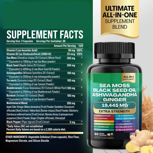 Organic SHILAJIT Ashwagandha Capsules┃8 in 1 Sea Moss Capsule with Black Seed Oil.