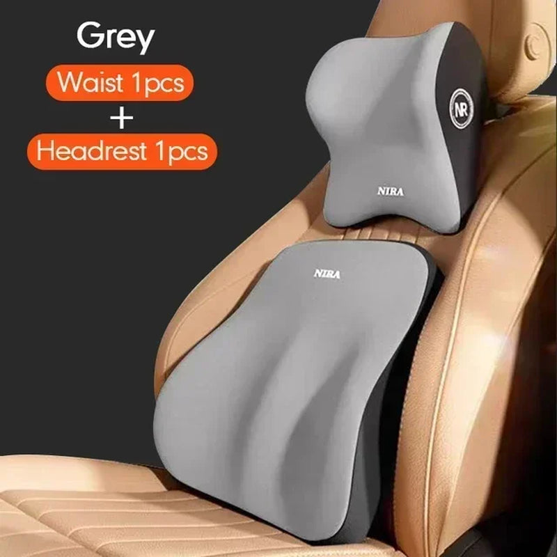 DriveComfort™ Universal Memory Foam Car Headrest & Lumbar Support Pillow – Back Pain Relief Cushion
