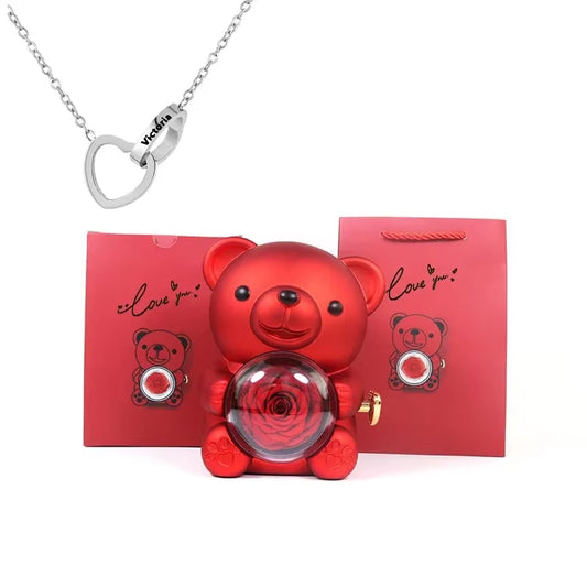 Heart Name Engraved Necklace┃Rotating Eternal Rose Flower┃Hugging Bear Jewelry Box.