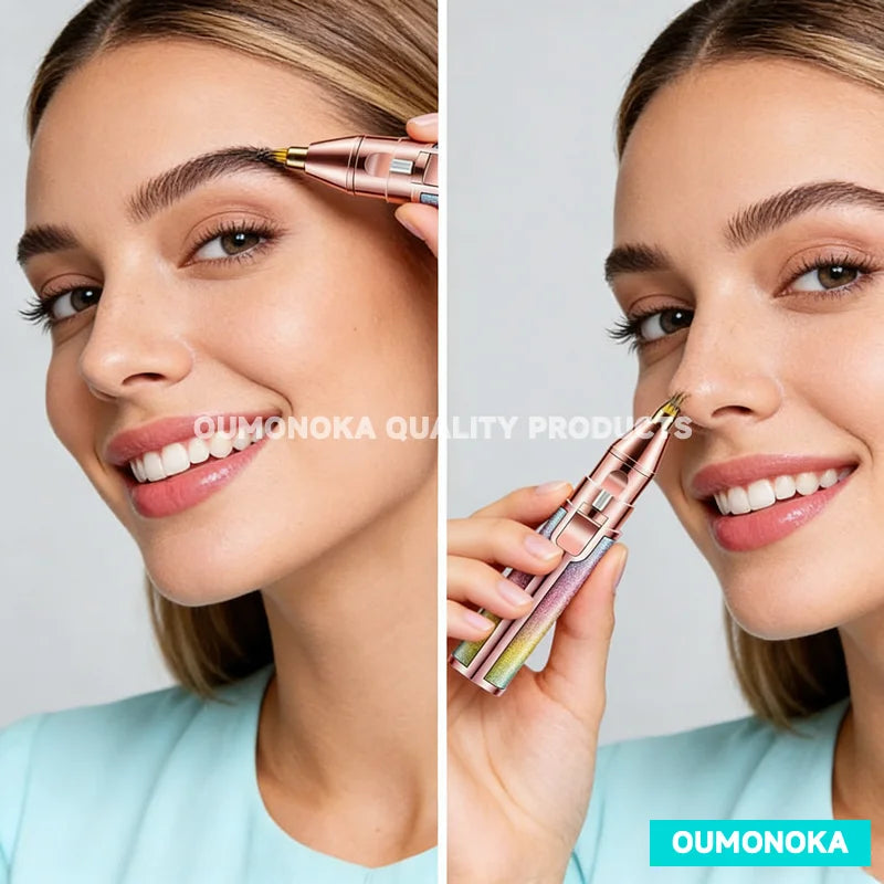A woman using the BrowSilk™ Precision Facial Hair Trimmer – Portable Eyebrow & Face Hair Remover.
