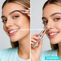 A woman using the BrowSilk™ Precision Facial Hair Trimmer – Portable Eyebrow & Face Hair Remover.