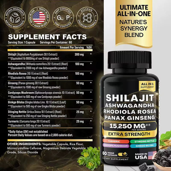 Organic SHILAJIT Ashwagandha Capsules┃8 in 1 Sea Moss Capsule with Black Seed Oil.
